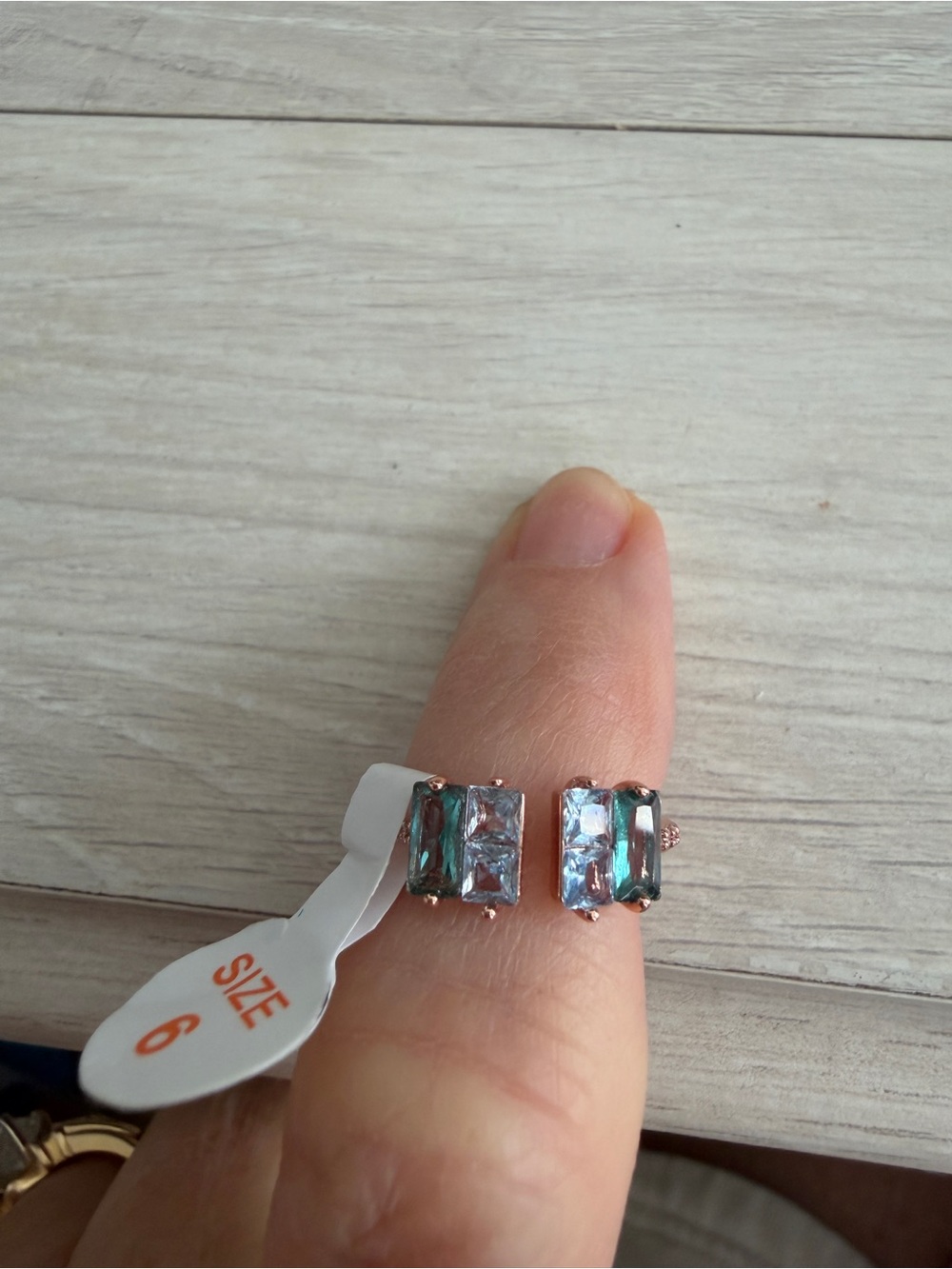 Rose Gold Tone Women's Ring with Teal and Clear Stones